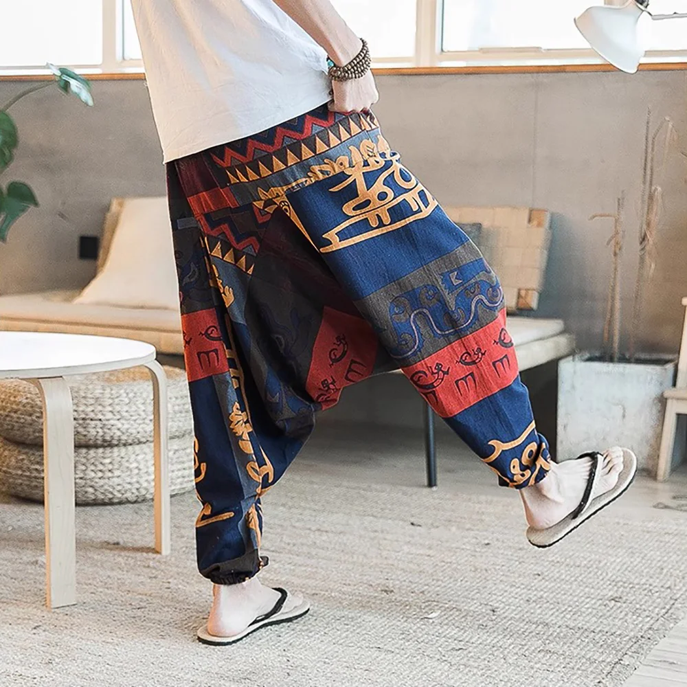الرجال أنيق خمر سراويلي حريمي قطرة المنشعب تصميم بناطيل كاجوال تنفس فضفاضة تناسب بوهو السراويل طباعة عشوائية ركض #3
