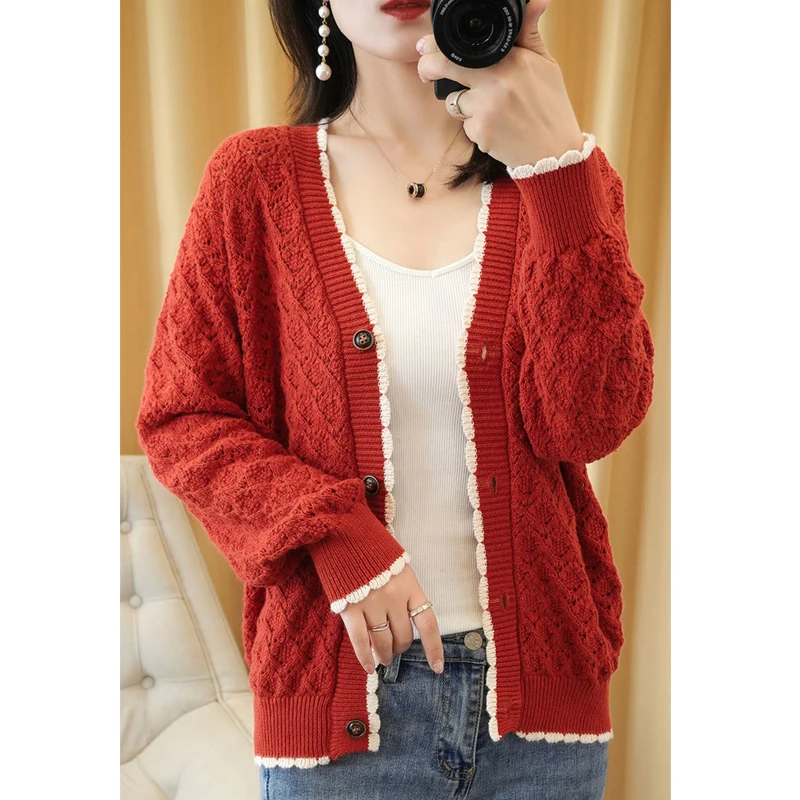 Vintage Spring Autumn Casual Single Breasted Knitted Cardigan Women V Neck Hollow Slim Solid Long Sleeve Outwear Sweaters Jumper