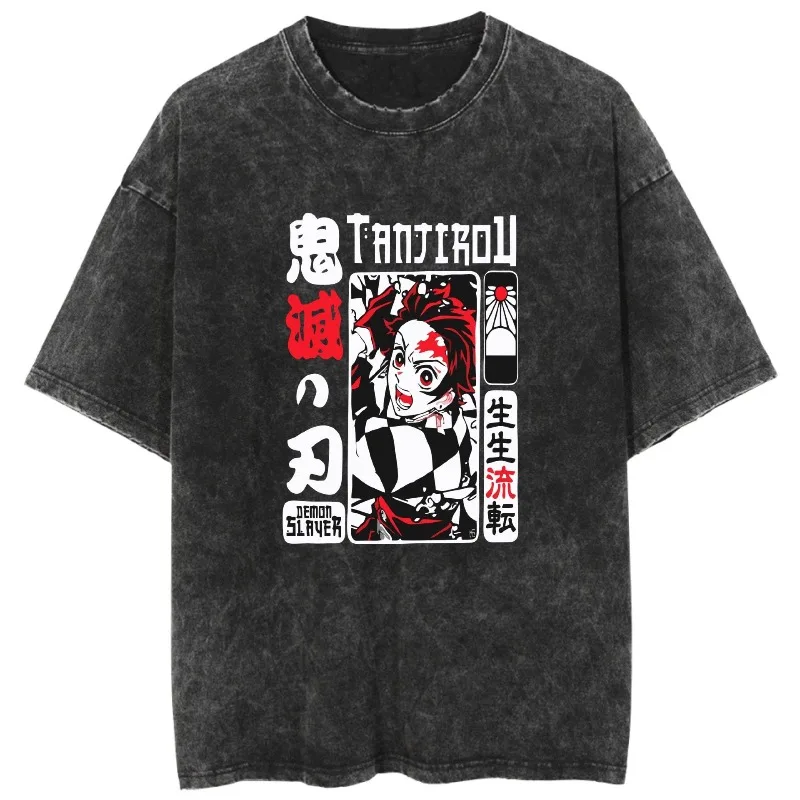 New washed T-shirt anime Demon Slayer Blade of Ghosts casual cotton summer short sleeved spring and autumn hip-hop