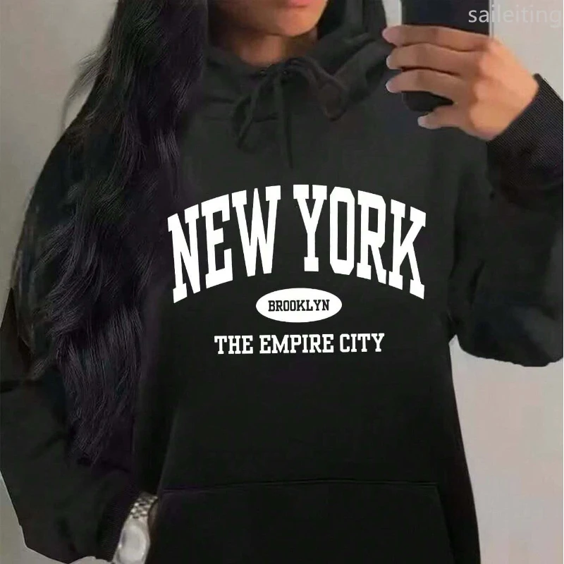 New York City Brooklyn Creative Letter Printed Female Kangaroo Pocket Hoodies Hoody Street Sportswear Winter Clothes Women
