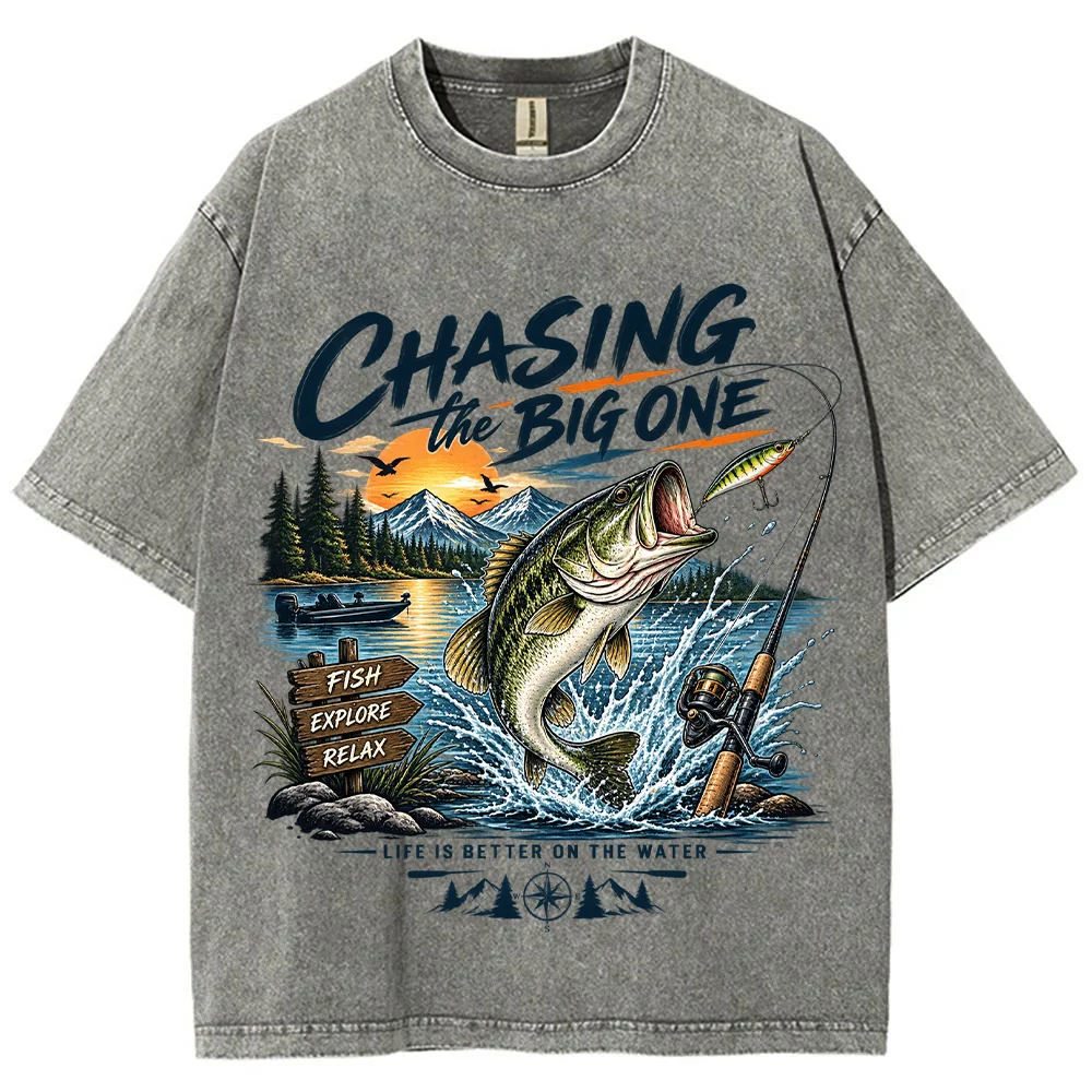 Mens Vintage Fishing Graphic T Shirt Chasing The Big One Bass Print Casual Outdoor Summer Tee Fishing Lover Adventure Shirt