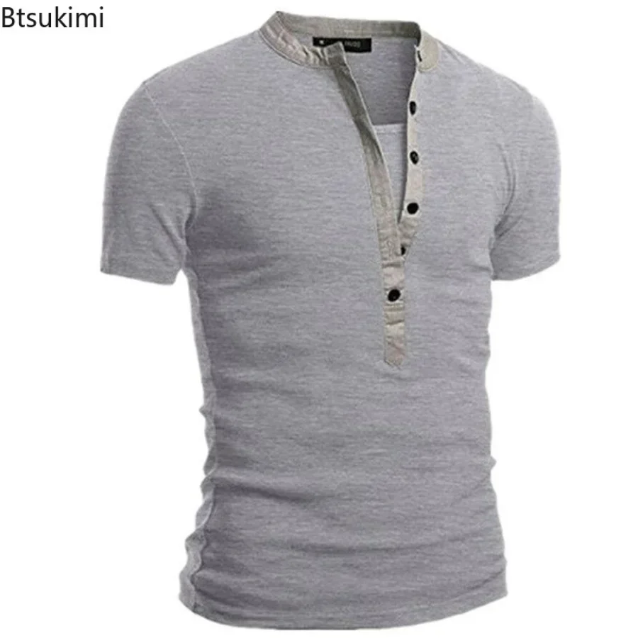 2026 Men\'s Summer Casual Shirts Solid V-neck Button Slim Fit T-Shirts for Men Fashion Short Sleeve Tees Tops Men Clothing S-3XL
