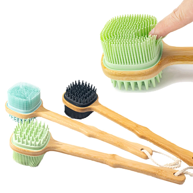 

1PCS Silicone Brush Head Back Scrubber Shower Brush With Long Wooden Handle Dry Skin Exfoliating Body Massage Cleaning Tool