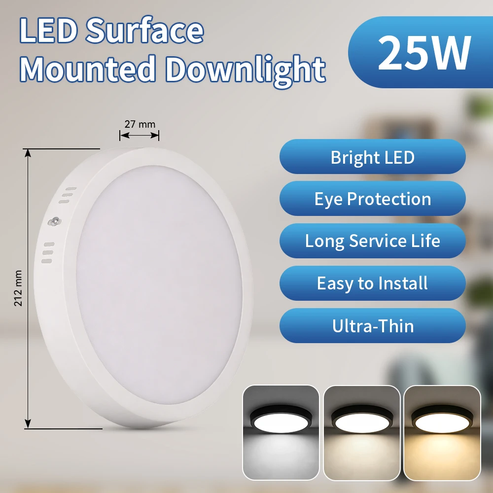

LED Surface Mounted Downlight 3-Color Ultra Thin Ceiling Lamp Indoor for Living Room Dining Room Decoration Ceiling Panel Light