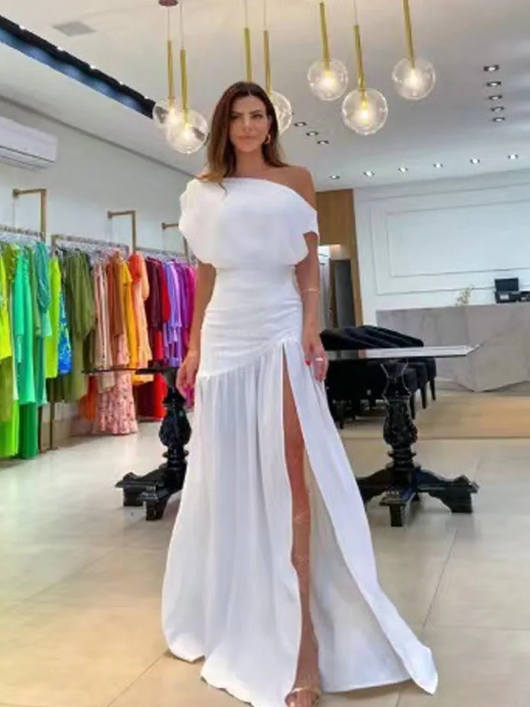 

Summer 2023 Women's High Split Off Shoulder Maxi Dress Female Sexy Slash Neck Slit Orange Short-sleeved Fishtail Solid Dresses