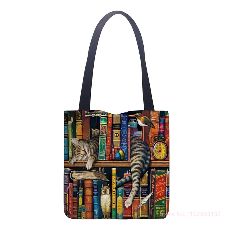 Oil Painting Cat Shopping Bag Eco Reusable Female Tote Bag College Handbag Retro Large Ladies Shoulder Shopper Bags