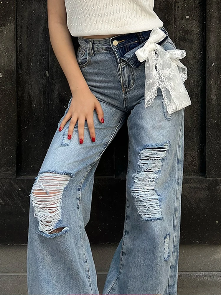 

Y2k Bow Lace Ripped Holes Woman's Denim Pants Baggy Wide Leg Jeans Dragging Hollow Out Fashion Chic Casual High Street Pants