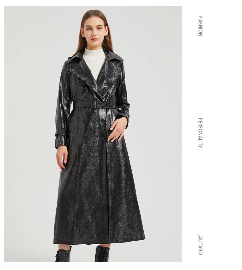 Lautaro Spring Autumn Extra Long Gold Shiny Pu Leather Trench Coat for Women Sashes Double Breasted Luxury Europe Fashion 2024