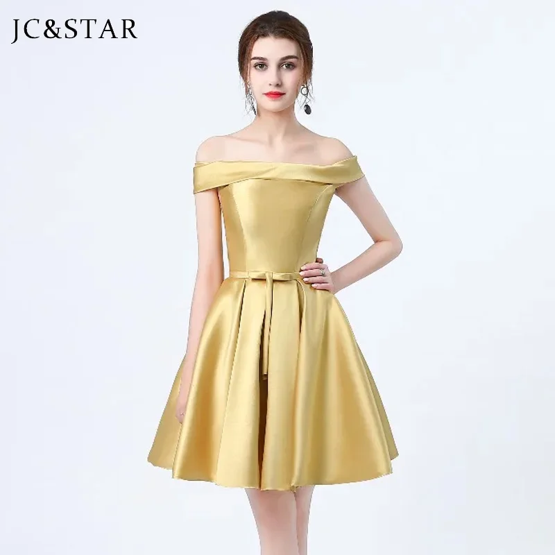 Vestido de fiesta de boda dorado, vestido corto de satén con hombros descubiertos, demoiselle d honneur femme, elegante, elegante, para noche de graduación, elbise free s