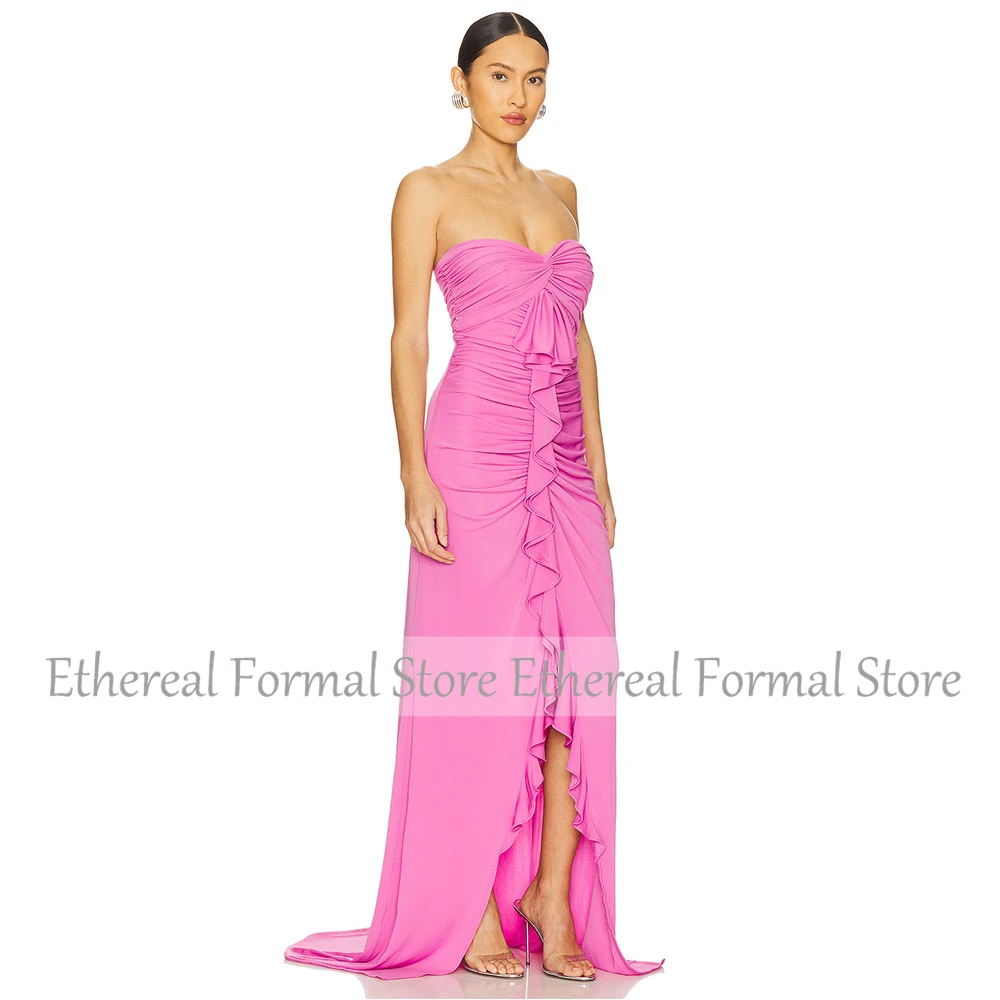Vestido de noche rosa elegante sin tirantes con volantes vestido de fiesta Formal hasta el suelo vestido de fiesta sin mangas plisado trompeta para mujer