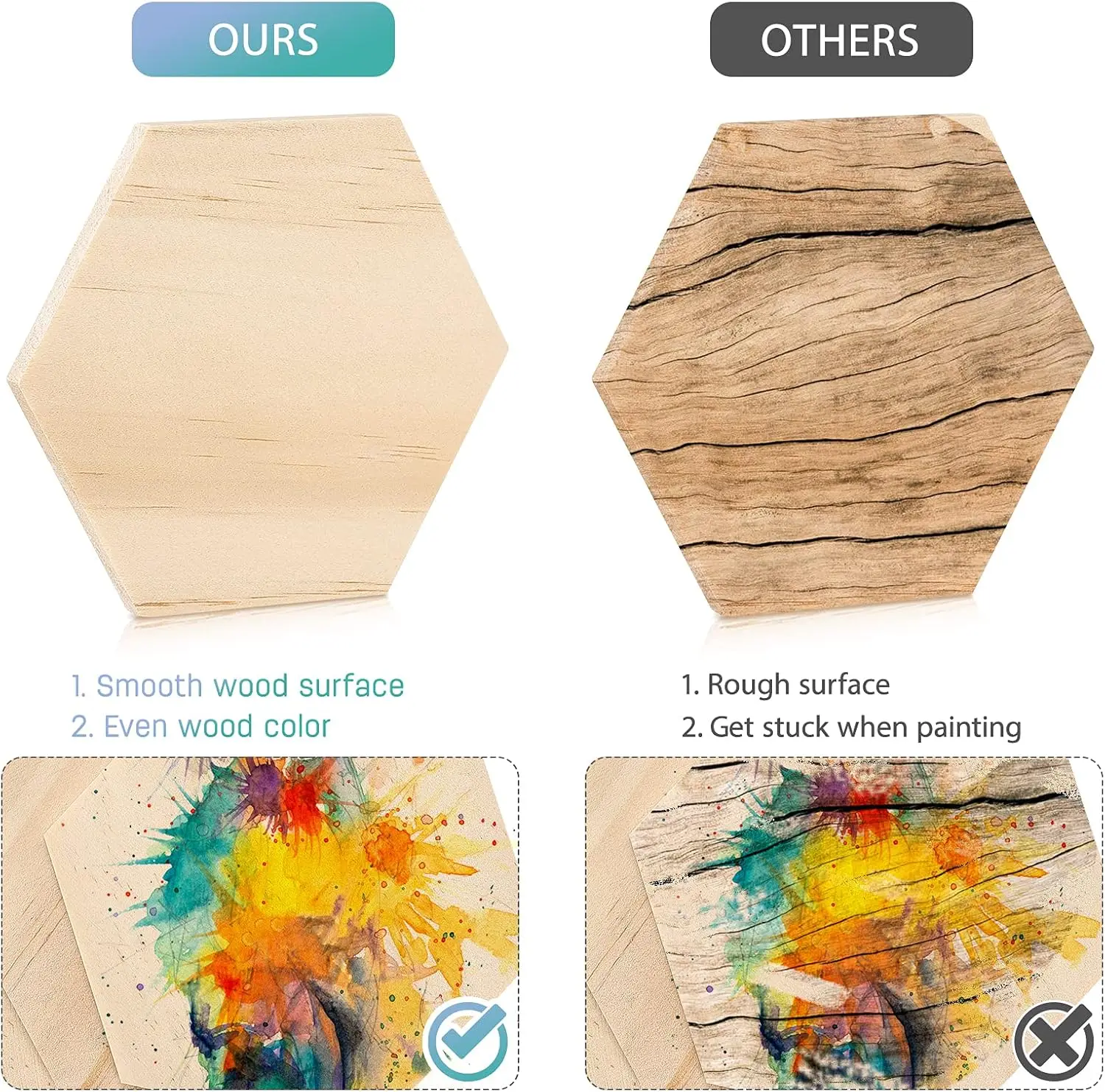 Image 5: Tranches hexagonales en bois inachevé avec trou pour décoration de fête de mariage (9cm), 25 pièces