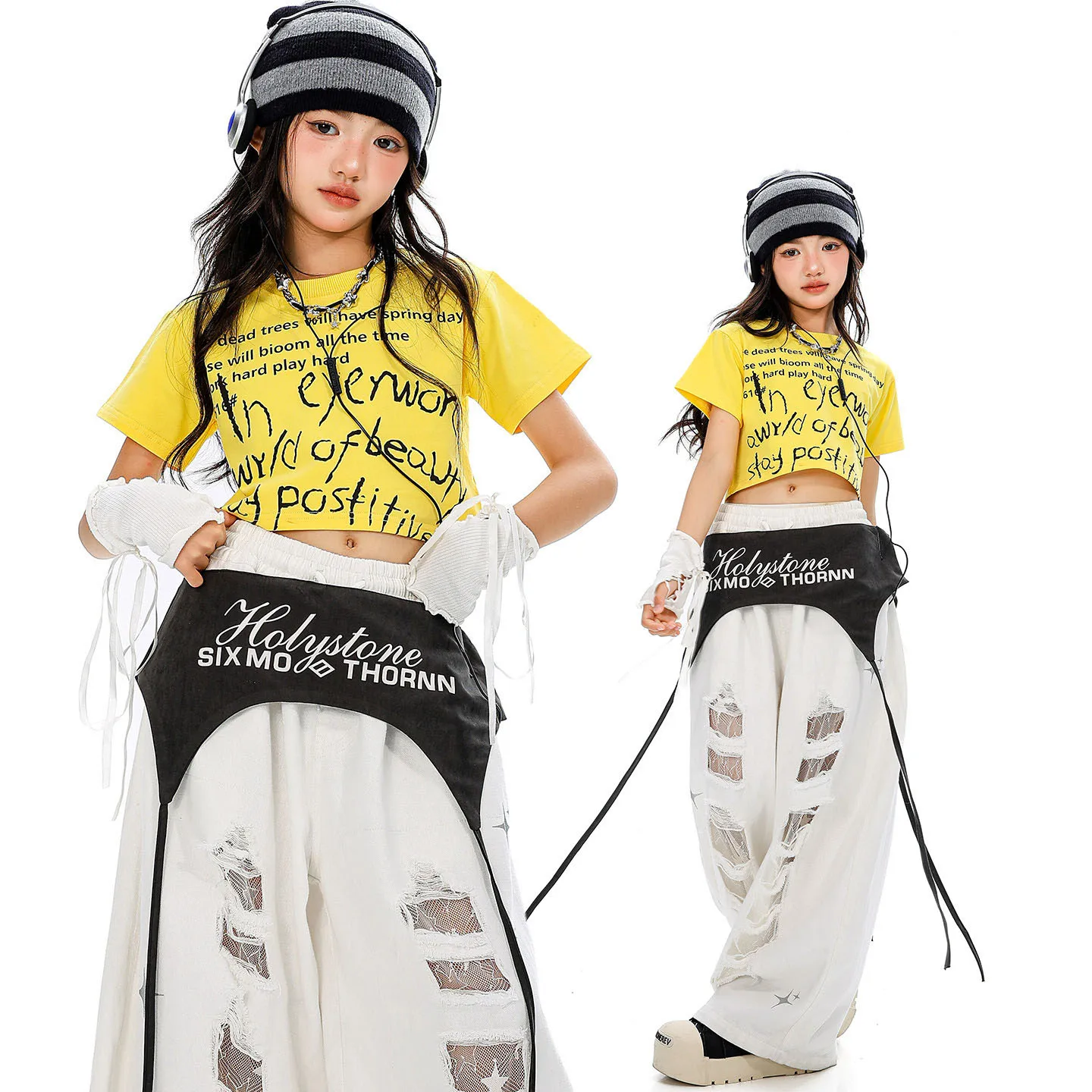 

Kid Kpop Hip Hop Clothing Yellow Crop T Shirt Top White Casual Wide Ripped Sweat Pants for Girl Jazz Dance Wear Costume Clothes