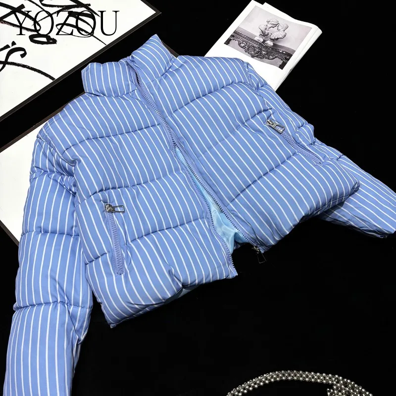 

[YOZOU] зимняя стеганая короткая куртка в синюю полоску с подкладкой, пальто на молнии, верхняя одежда, модная милая уличная одежда для девочек, женская и женская одежда