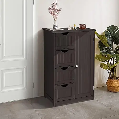 

Small Bathroom Floor Cabinet Free Standing Waterproof Wooden Side Organizer with 4 Drawer and 1 Cupboard Homes (Espresso)