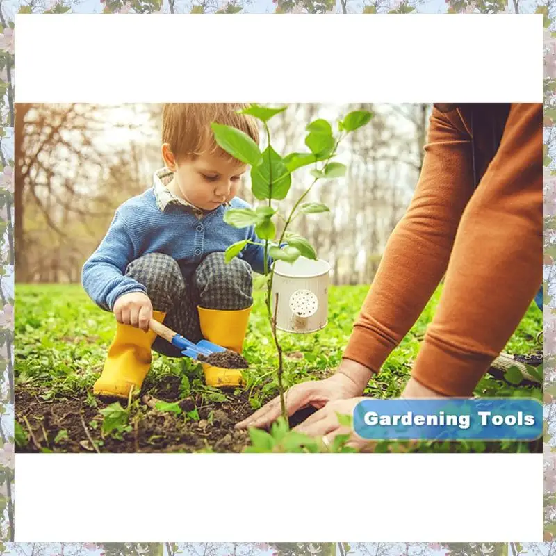 T84C-Gardening Set Metal Garden Tools With Sturdy Wooden Handle,Safe Kids Shovel With Cylinder, Spoon, Fork, Rake