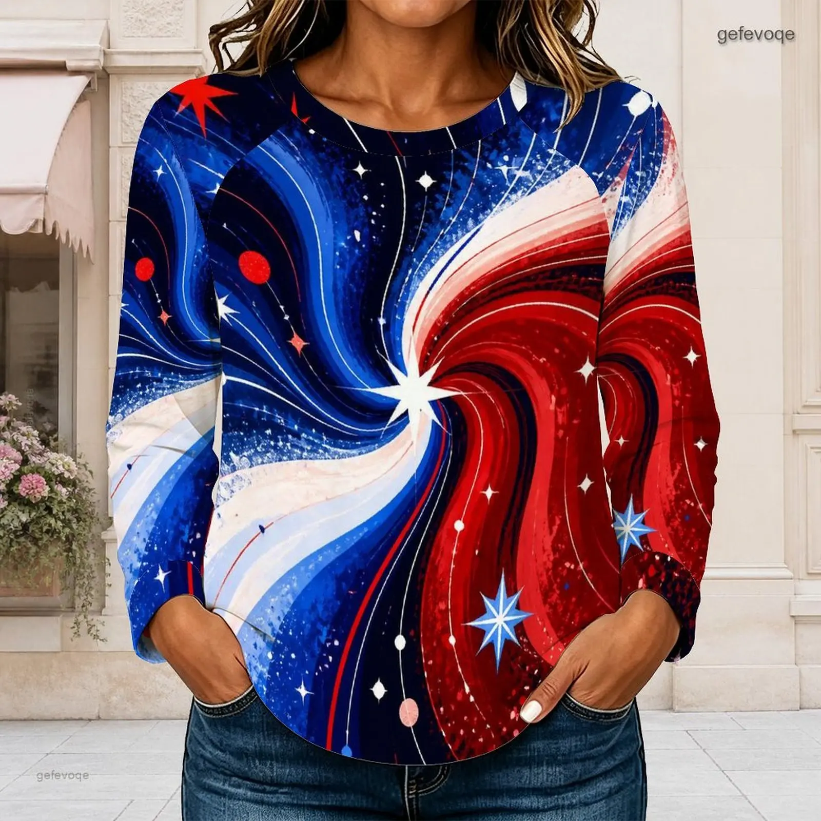 Women Red White Blue Spiral Star Print Round Neck Long Sleeve Curved Hem Top