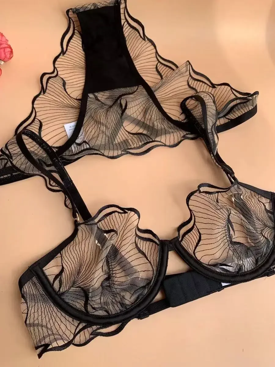 

Сказочное нижнее белье, сетчатый эластичный комплект с бюстгальтером и вышивкой, ультратонкое кружевное тонкое нижнее белье, бюстгальтер с вырезами для девочек