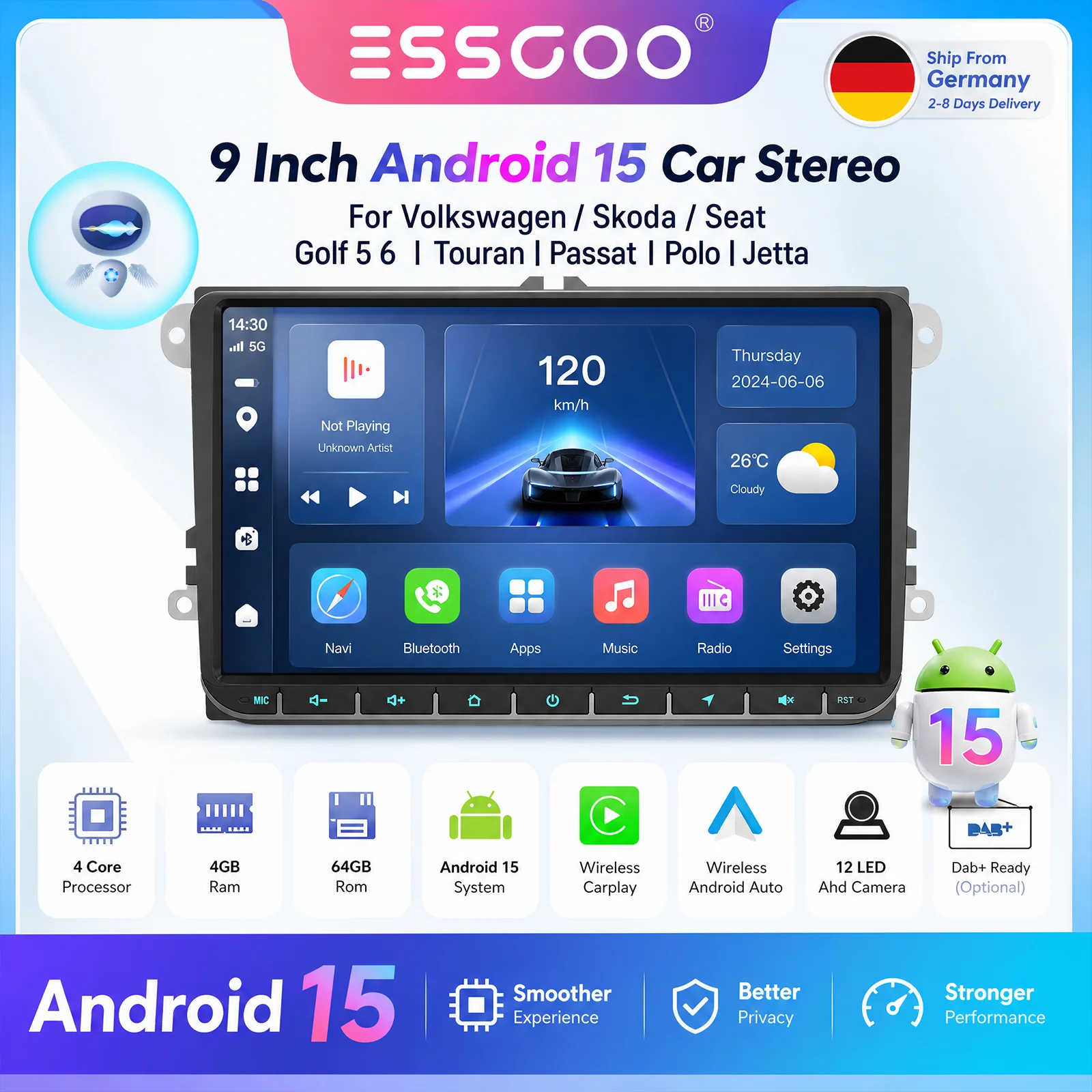 ESSGOO Android 15 Autoradio für Volkswagen Passat b6 b7 Golf 5 6 Polo Jetta Skoda Auto-Multimedia-Player GPS WiFi RDS Carplay