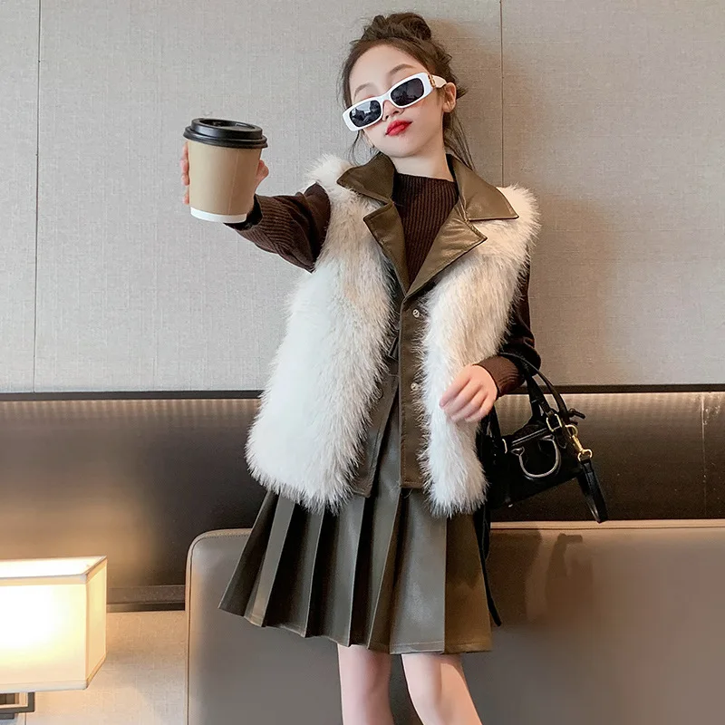 Girls Clothes Suit Winter Dress Set Dress Style Imitation Fur Vest Sweater Knit Leather Skirt Children Winter Three-piece Sets