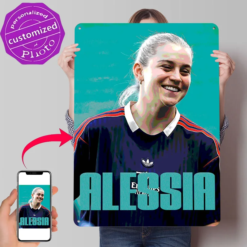 Retrato de Alessia Russo con Fondo Verde Azulado, Textura 3D, Póster Metálico, Arte de Pared Personalizado, Letrero de Metal, Regalo para Decoración de Oficina o Cuarto Masculino