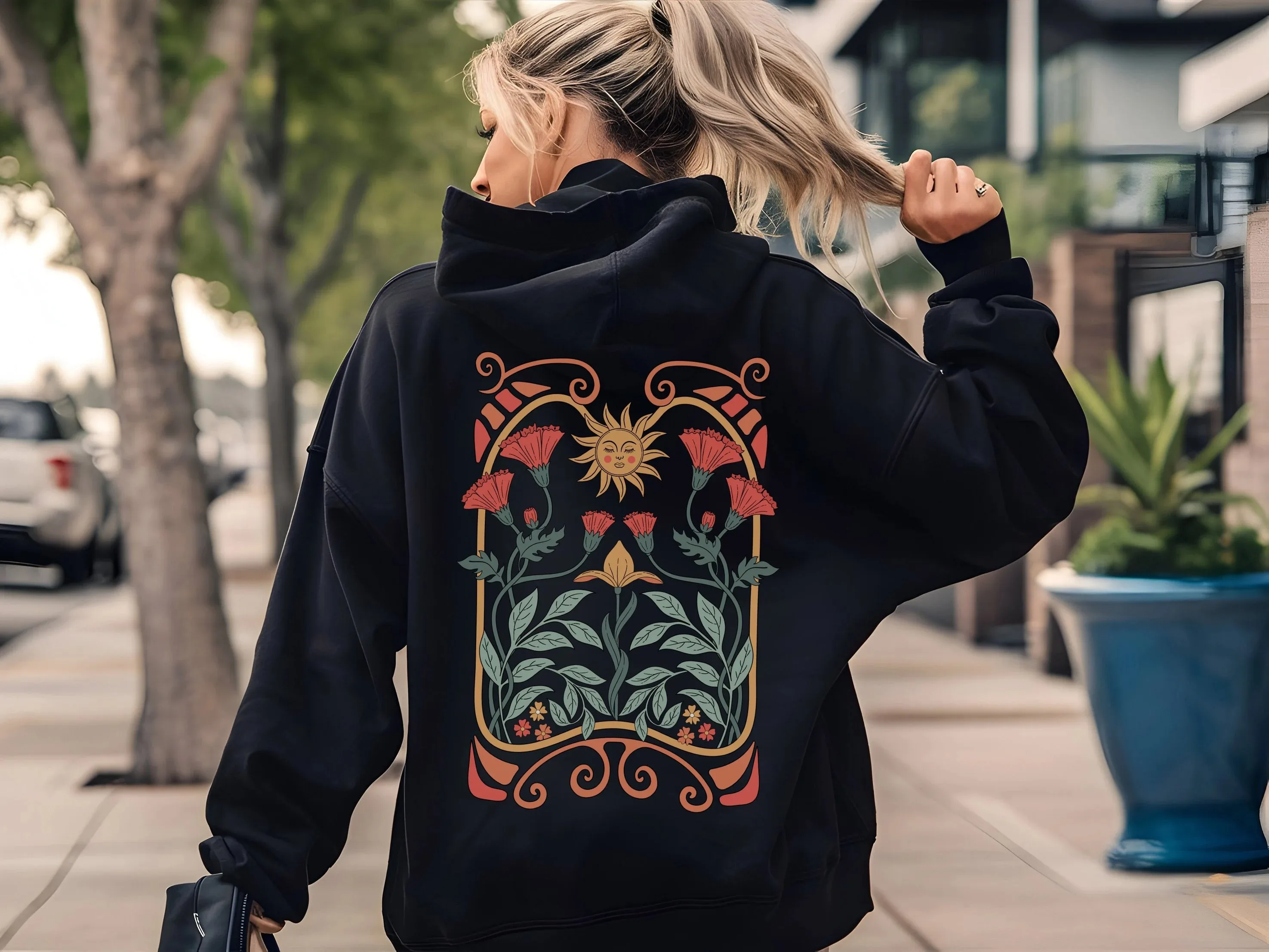 

Autumn and Winter Style Vintage Floral Sun Cotton Hoodie Nostalgic and Nature - Loving Atmosphere. Ideal for Fans Retro Fashion