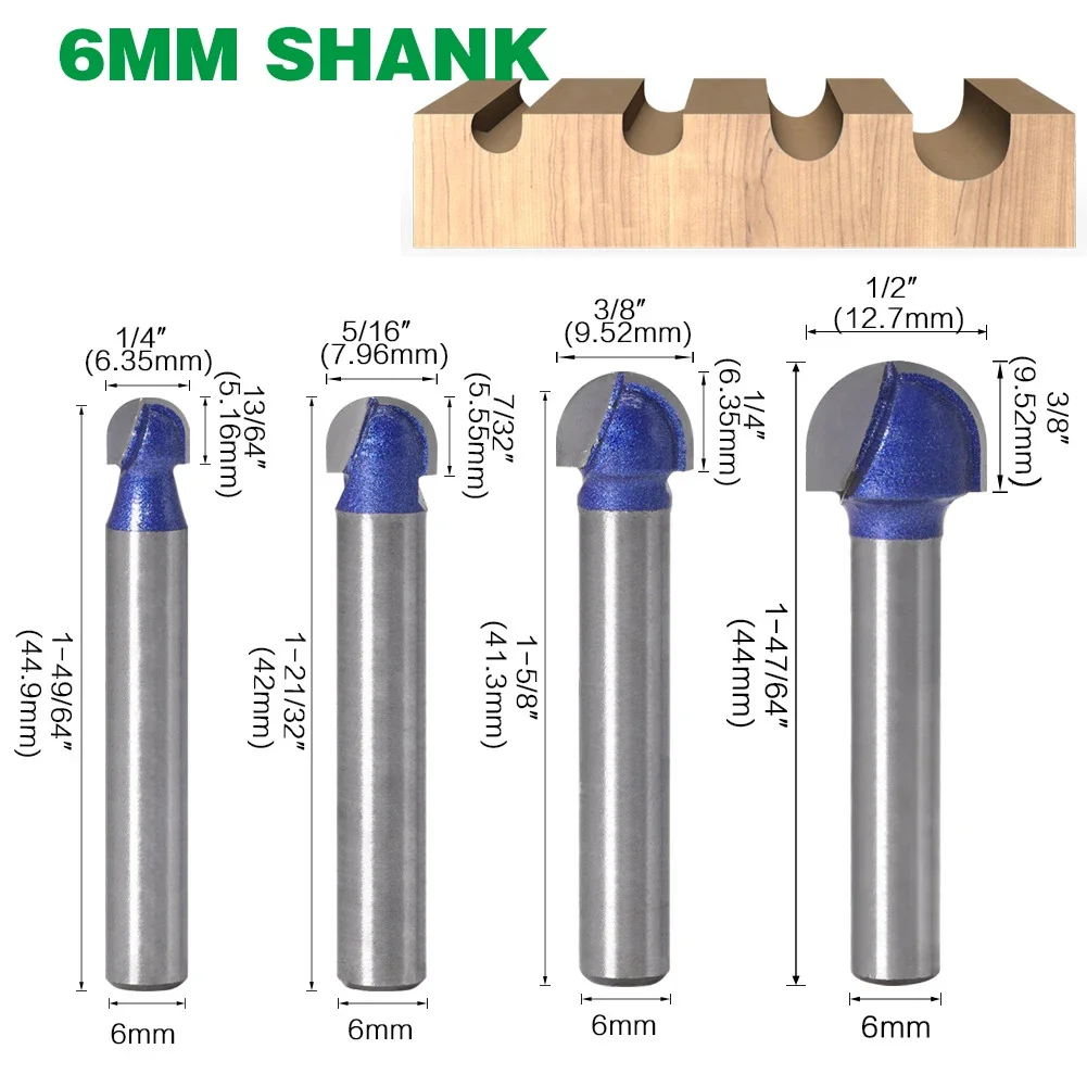 1PC 6MM Shank Milling Cutter Wood Carving Ball Nose Router Bits Mill Round Cove Box Solid Carbide Radius Core Milling Bits