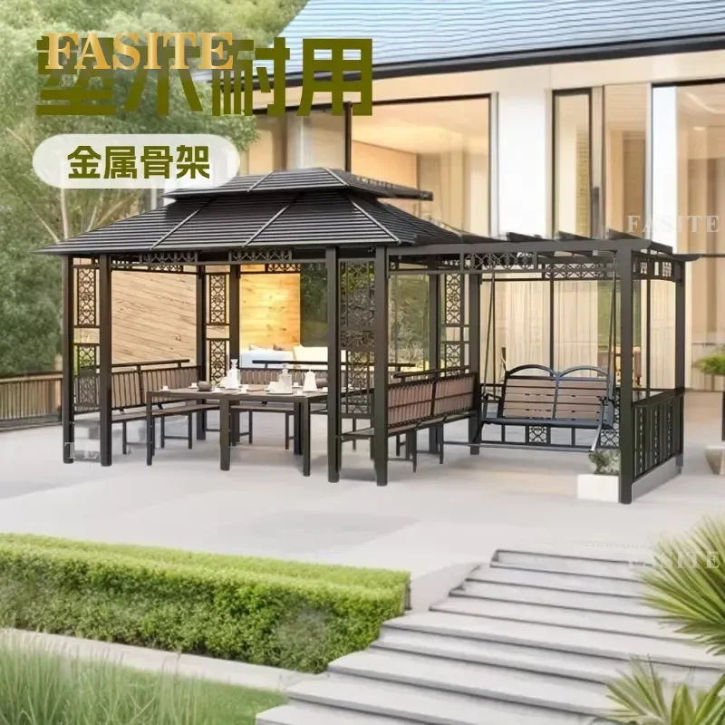 For Outdoor Garden Pavilion Grape Rack Anti-Corrosion Wood Four Corner Tea Gazebo Galvanized Steel Top Sunshade Canopy