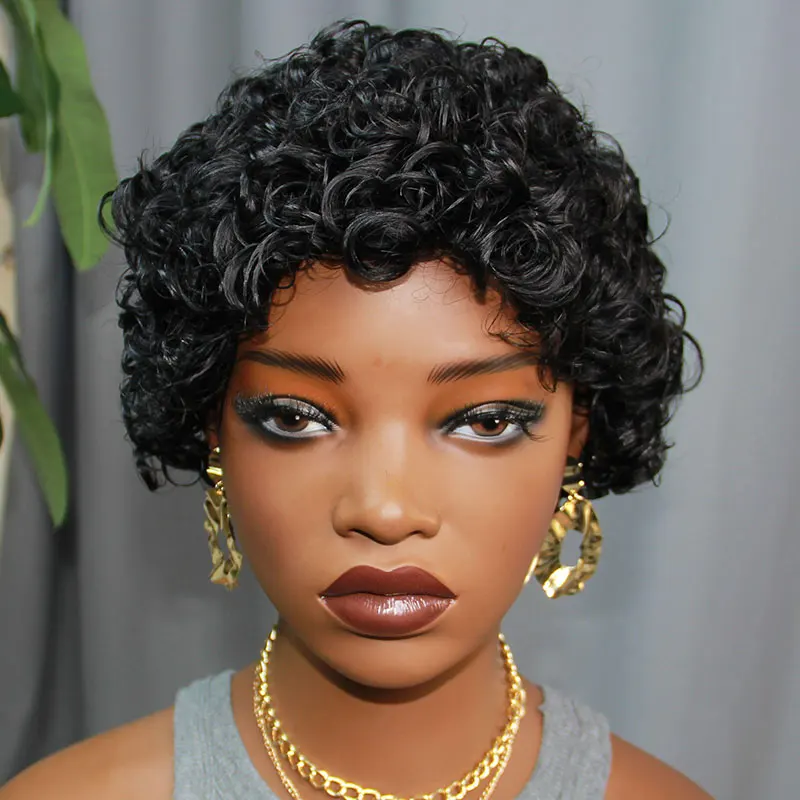 Short Curly Pixie Cut Human Hair Wigs For Black Women Natural Black  Brazilian Virgin Bob Full Machine Made Wigs 100% Human Hair