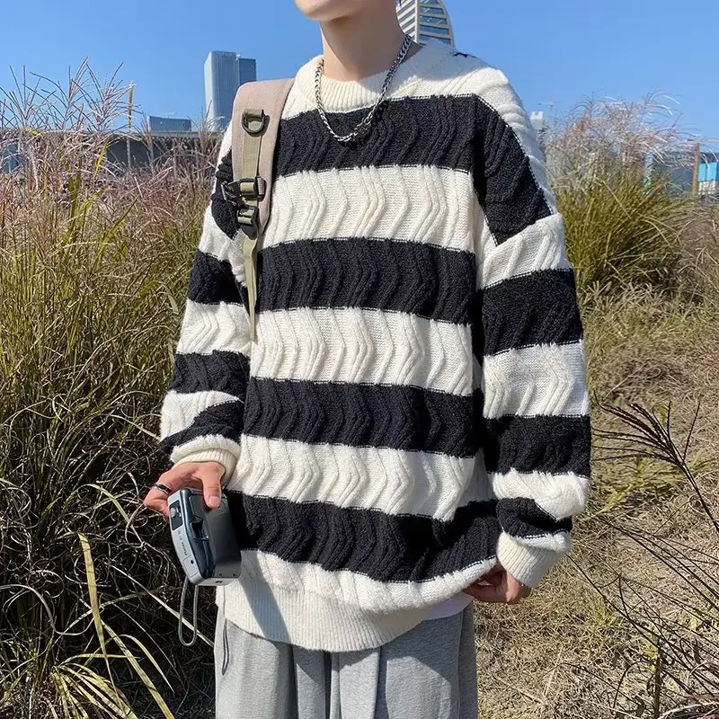 سترة رجالية فضفاضة محبوكة للخريف والشتاء، مقاس كبير يصل إلى 35 كجم، بنمط كوري مخطط، سترة كاجوال للزوجين #2