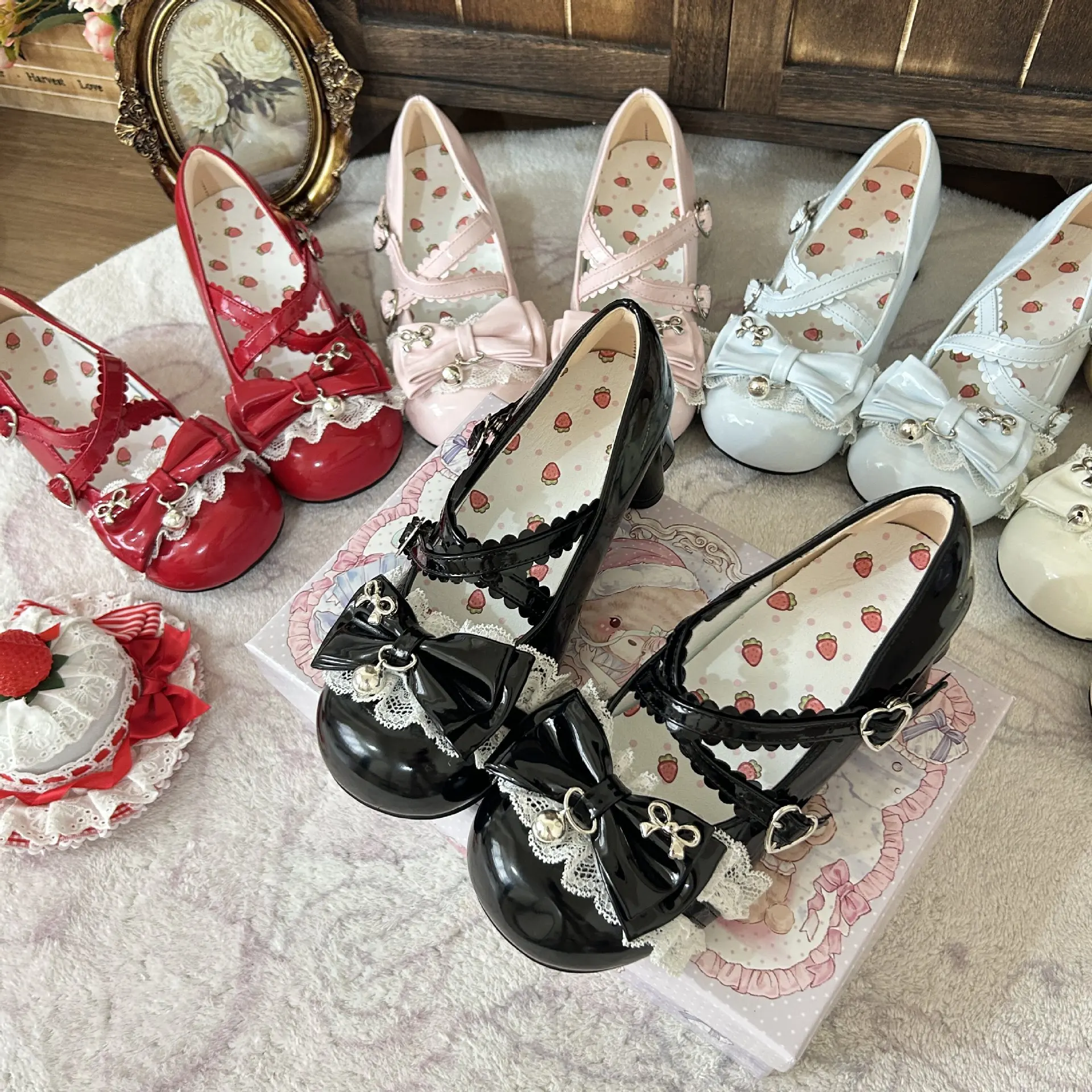 Original Lolita Shoes Strawberry Insole Cross Strap Lace Bow Bell Decor Women Mid Heel Party Dress Shoes