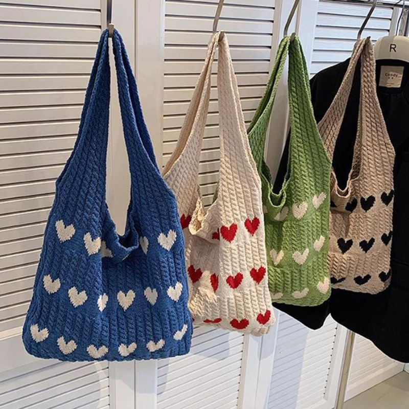 1Pc Love Heart Graphic Knitted Tote Bag Fashion Woven Shoulder Bag Aesthetic Crochet Bag For Women