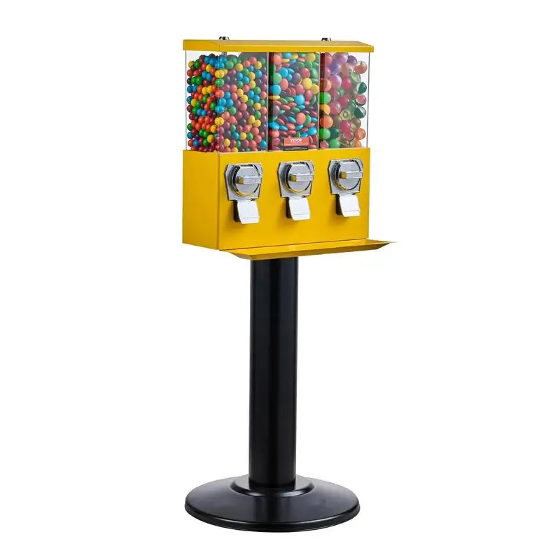 

Triple Pod Gumball Dispenser 46x15 Inches For Retail Store Arcade Amusement Park, Heavy Duty Metal Base Three Removable Canisters Key Lock Security Yellow Coin Mechanism Capsules Bouncy Balls Candy Nut Storage