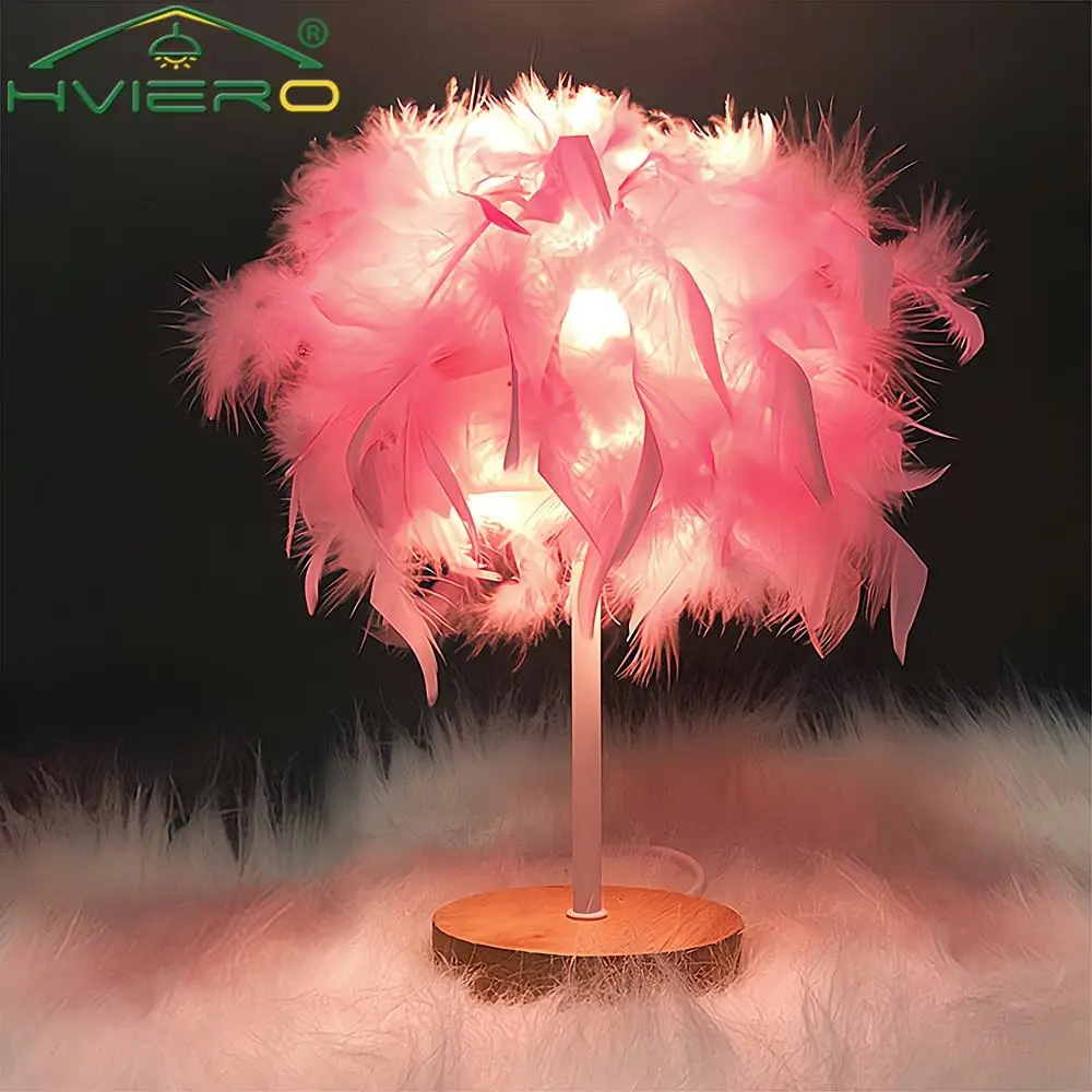 LED Warm Small Table Lamp Nordic Romantic Creative Feather Wedding Room Red Girl Bedroom Bedside Flashlight Night Reading Light