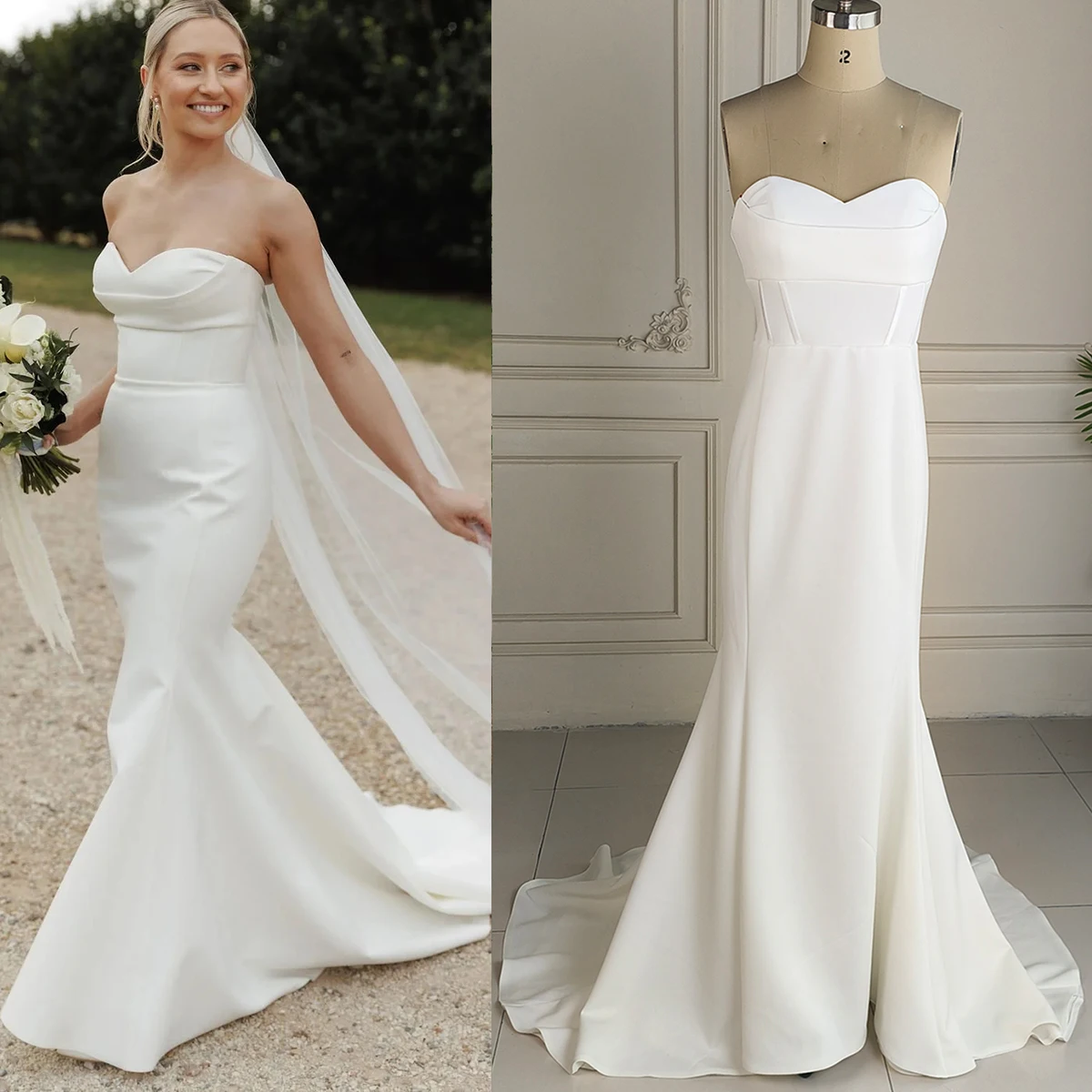 Customized Stretch Bonded Crepe Sheath Strapless Wedding Dress Fitted Real Photos Sexy Sweetheart Corset Minimal Bridal Gowns