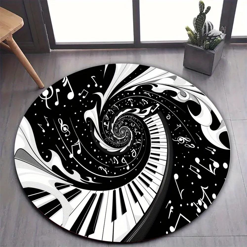 Piano Key & Music Note Round Rug – Non-Slip Polyester Chair Mat for Office Floor Protection – Stylish Home Decor