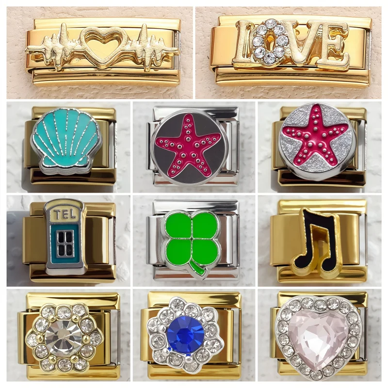 Starfish Heart-shaped Shell Italian Charm link Suitable For 9mm Bracelet, Stainless Steel DIY Making, Jewelry Wholesale
