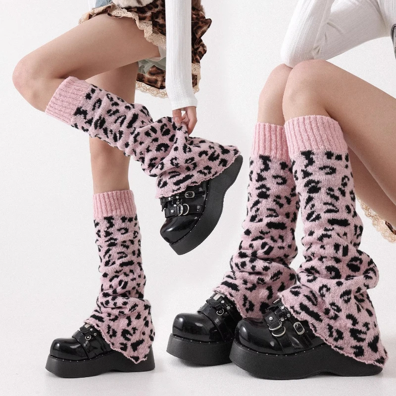 Autumn Winter New Pink Leopard Print Knitted Slouch Socks Japanese Design Y2K Subculture Hot Girl SlimmingLeg Warmers Ladies