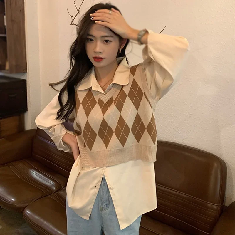 

Осенний свитер, жилет для женщин, свободный крой с v-образным вырезом, пуловеры, вязаный жилет в консервативном стиле, трикотаж без рукавов, топ