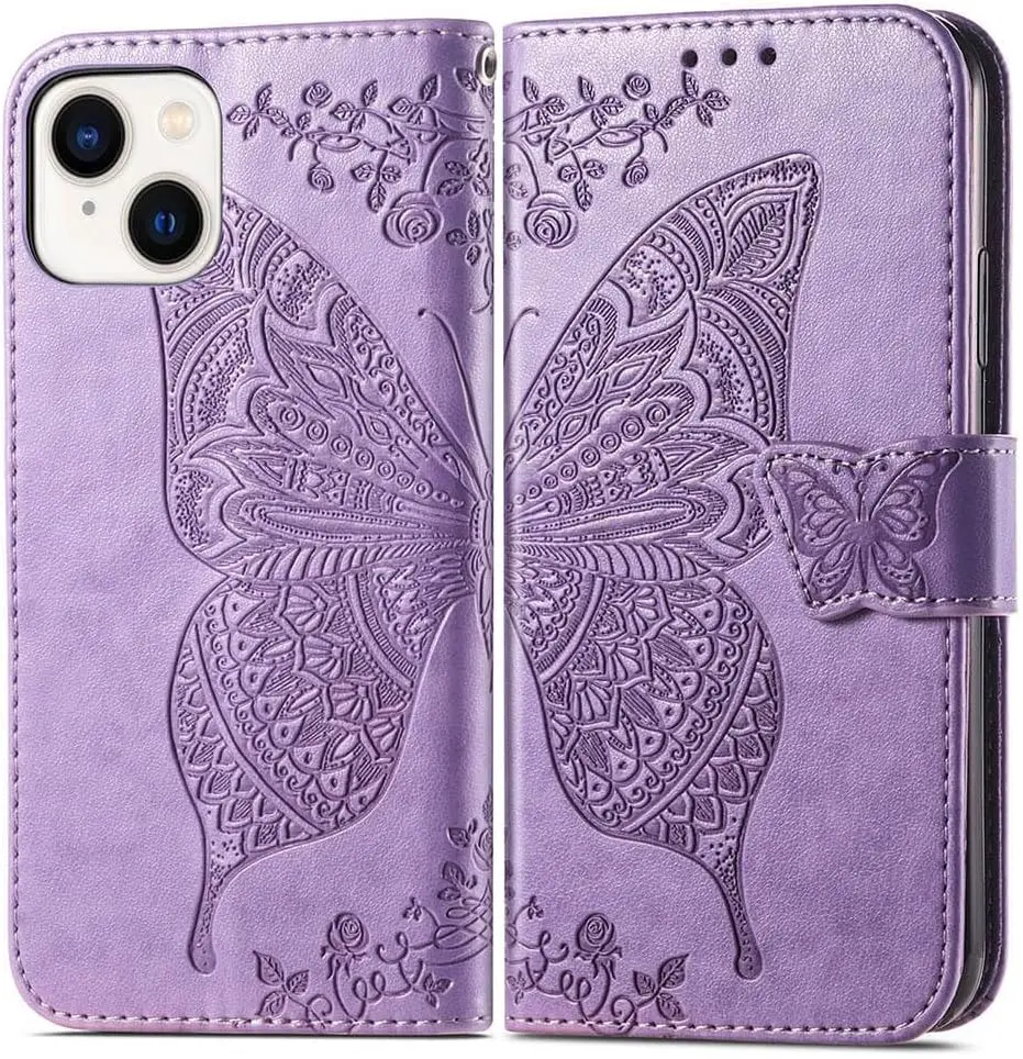 Designed for iPhone 15 14 Wallet Case for Women,Butterfly Embossed PU Leather Flip Folio Cover Credit Card Holder Slots Stand