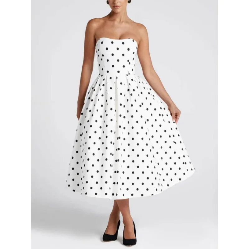 Vestido de cóctel sin tirantes con hombros descubiertos para mujer, elegante vestido de noche Formal para graduación y boda con falda plisada de lunares