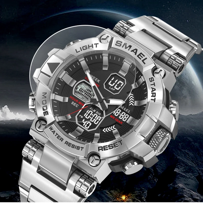 SMAEL Golden Sport Watches for Men Stainless Steel Band Analog Quartz Digital Dual Time Waterproof Luminous Wristwatch Male