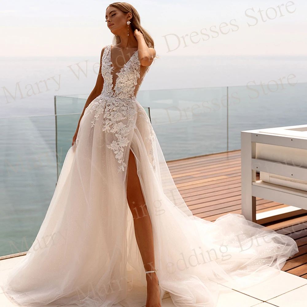 2024 Graceful Exquisite A Line abiti da sposa da donna Sexy scollo A V Appliques di pizzo abiti da sposa Side High Split Vestidos De Novia