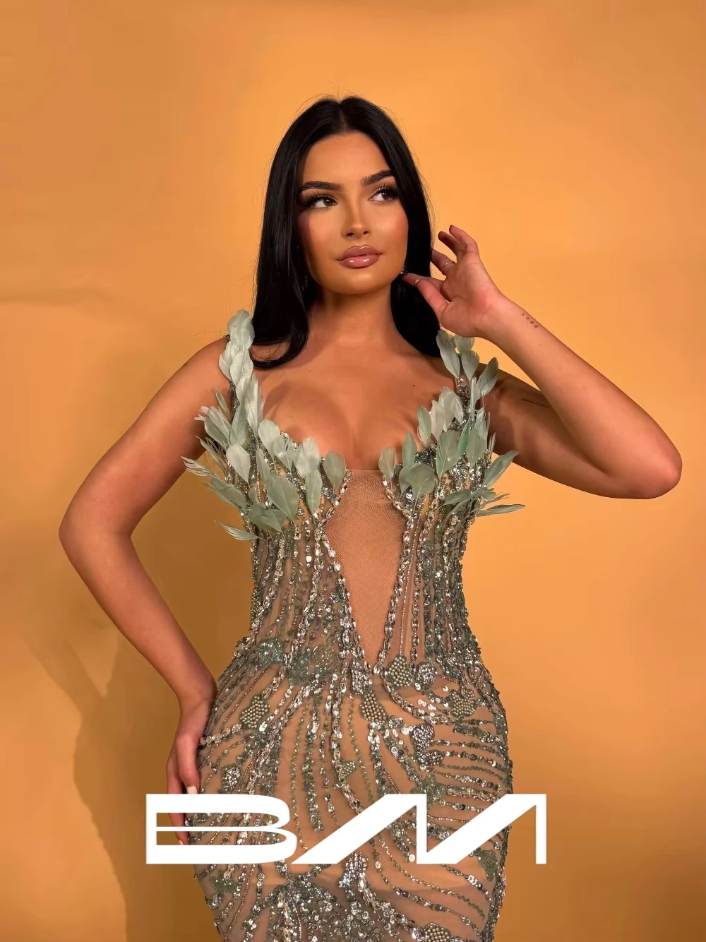 

BRLMALL Opulent Feathers Mermaid Fitted Evening Dress Deep Plunging Neckline Stunning Cocktail Gown Customized Shiny Dresses