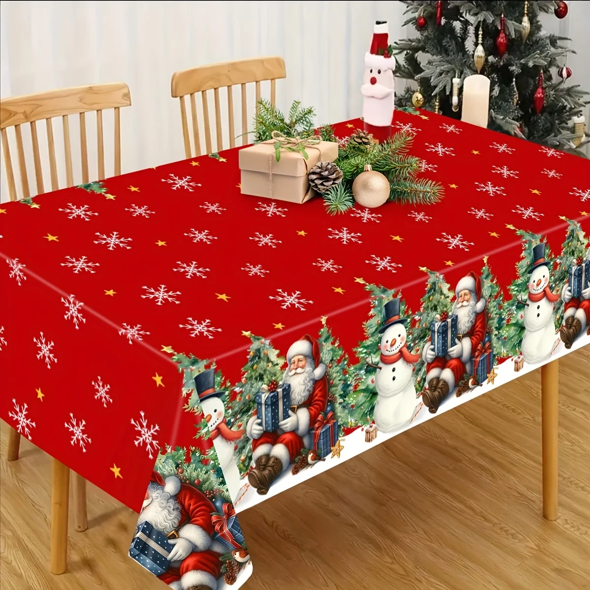 Red Snowman Snowflake Christmas Tree Pattern Tablecloth, Merry Christmas Home Decor, Holiday Dining Decoration, New Year Festive