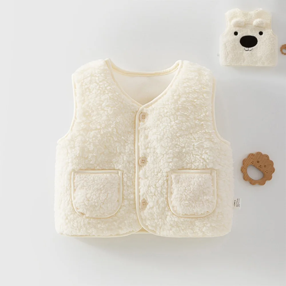 Autumn and Winter Children's Sleeveless Top with Thick and Warm Plush Cartoon Bear Vest for 1-4 Year Old Children Going Out