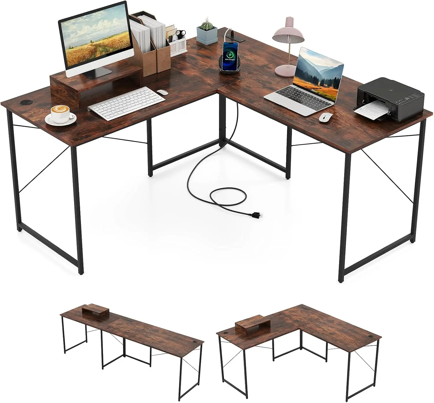 L-Shaped Computer Desk with Power Outlets, 95\u201d Long 2-Person Desk with Monitor Shelf, Modern Corner Desk Gaming Table with