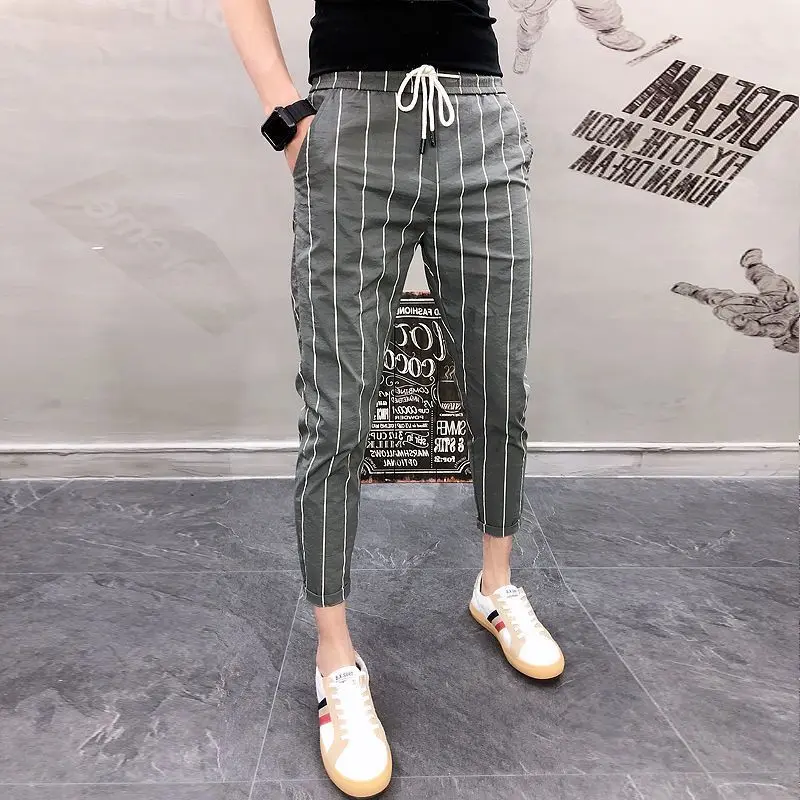 Men's Vertical Striped Pants Streetwear Cropped Trousers Slim Fit Casual Pants K POP Style Edgy Look
