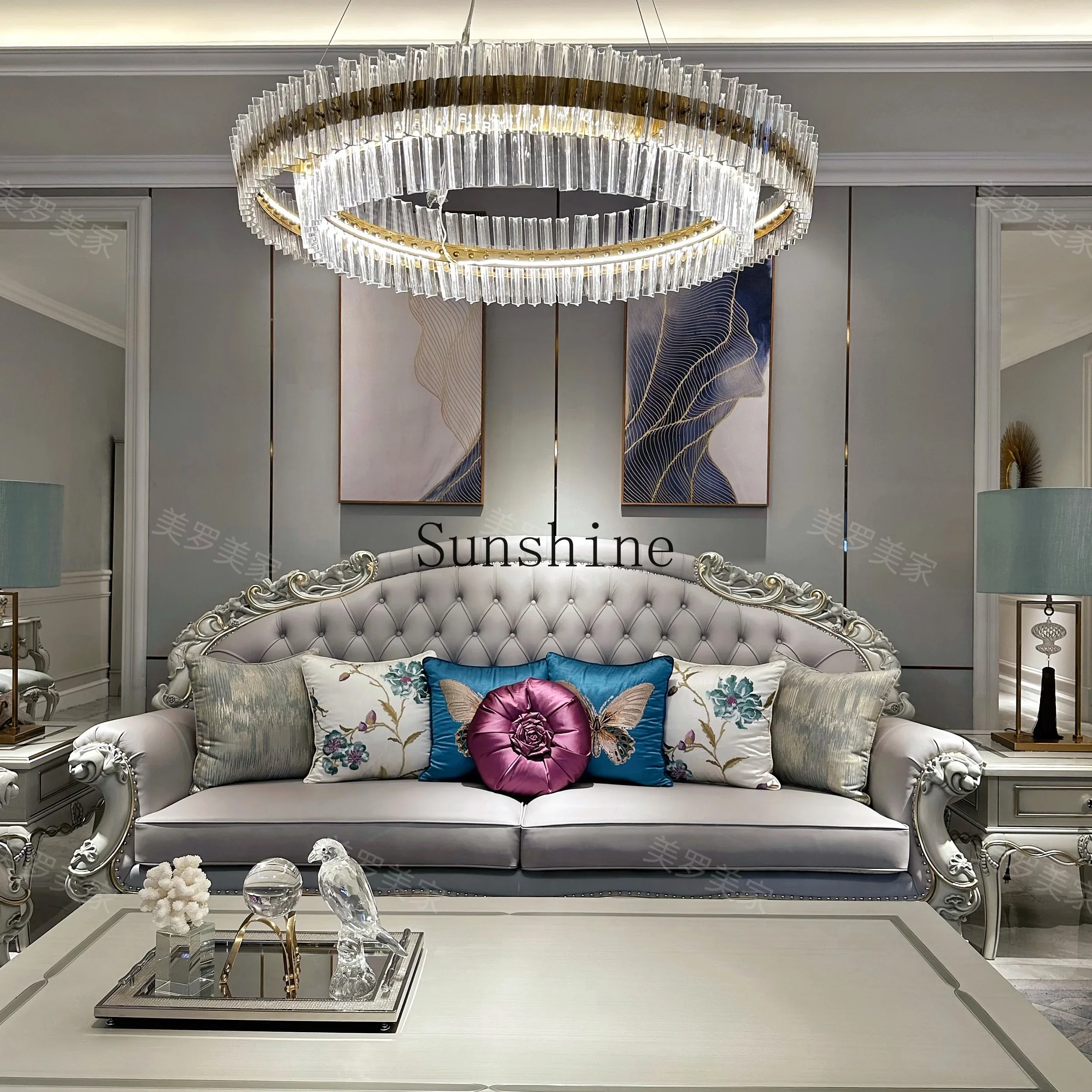 French retro solid wood flat-floor villa lotus leaf carved high-end leather straight-row sofa  FT
