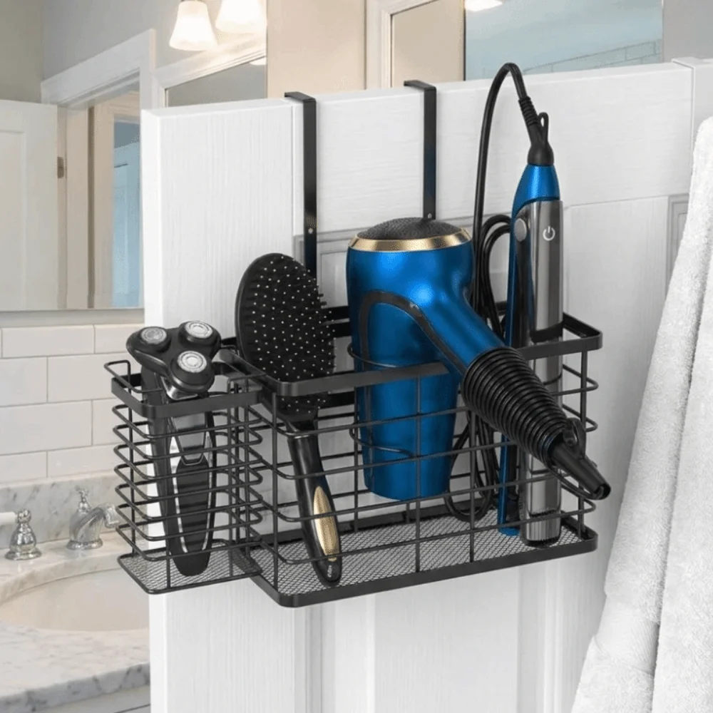 Adjustable Door Rear Storage Rack Metal Cabinet Door Hair Dryer Holder Wall Mounted Multi-functional Storage Basket Home Storage