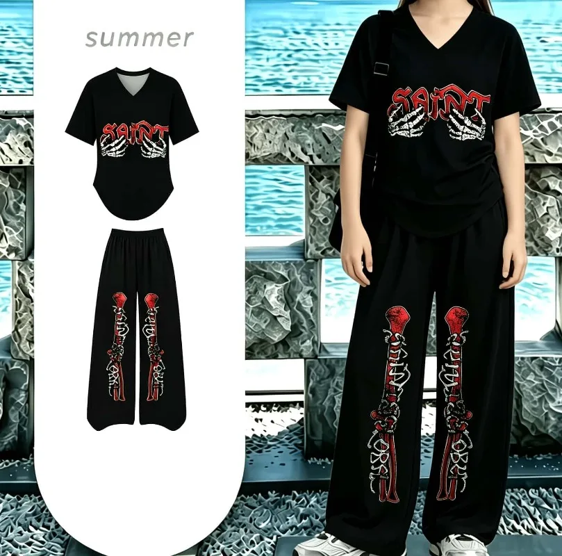 American Street Skeleton Hand 3D Printed Children's Adult Loose Short Sleeved and Long Pants Casual Sports Parent-child Set Y2K